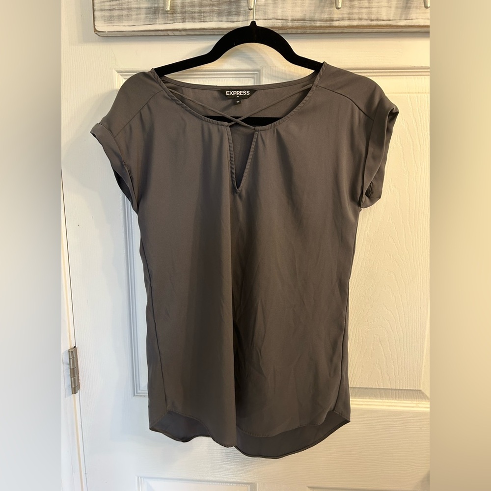 Charcoal grey criss cross front work short sleeve blouse